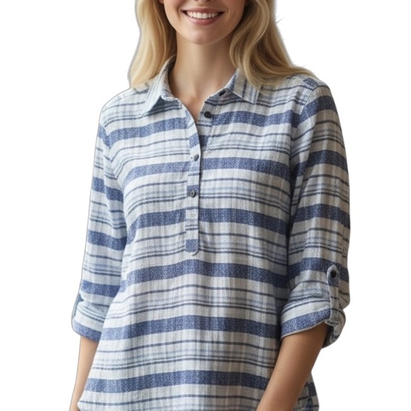 COLUMBIA Gauze Striped Roll-Tab Sleeve Tunic Blouse - Picture 1 of 8